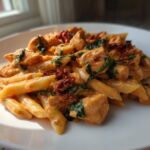 A serving of creamy Marry Me Chicken Pasta featuring penne, chicken pieces, spinach, and sun-dried tomatoes on a white plate.