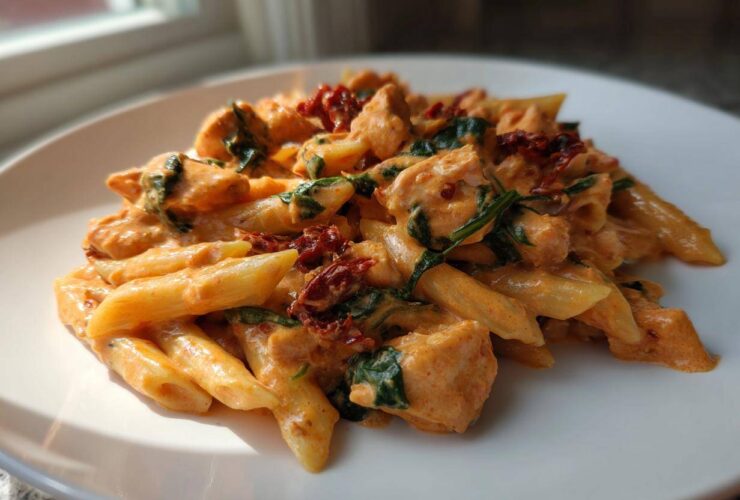 A serving of creamy Marry Me Chicken Pasta featuring penne, chicken pieces, spinach, and sun-dried tomatoes on a white plate.