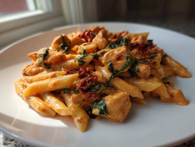 A serving of creamy Marry Me Chicken Pasta featuring penne, chicken pieces, spinach, and sun-dried tomatoes on a white plate.