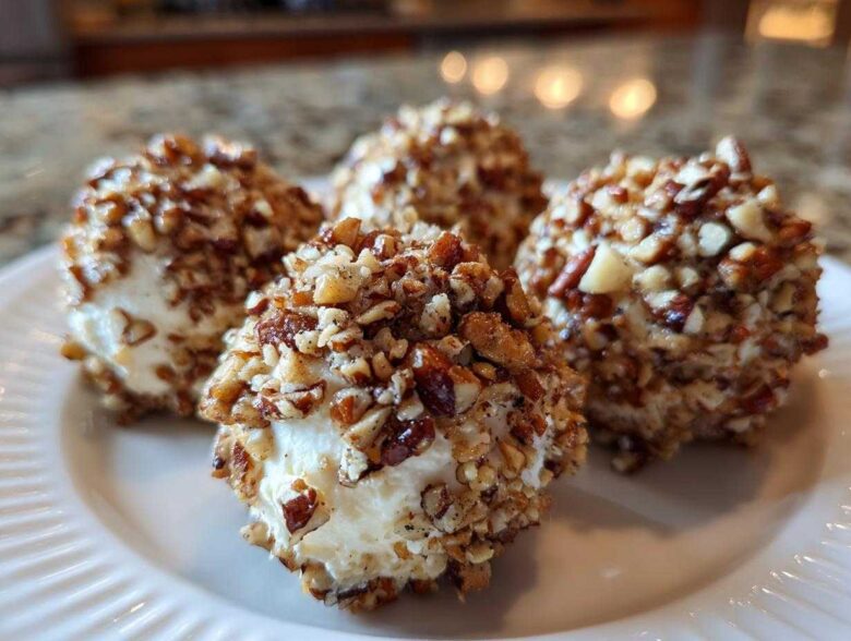Four individual mini cheese ball recipe appetizers coated entirely in chopped pecans, served on a white plate.