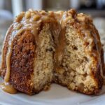 Close-up of a moist apple bundt cake slice drizzled with caramel glaze and topped with nuts.