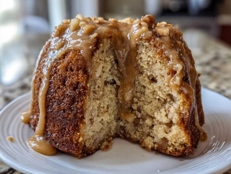 Close-up of a moist apple bundt cake slice drizzled with caramel glaze and topped with nuts.