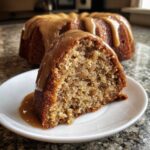Close-up of a moist slice of apple bundt cake topped with rich caramel glaze, with the rest of the cake in the background.