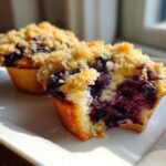 Close-up of a moist blueberry muffin cut in half showing juicy berries and a sweet crumb topping.