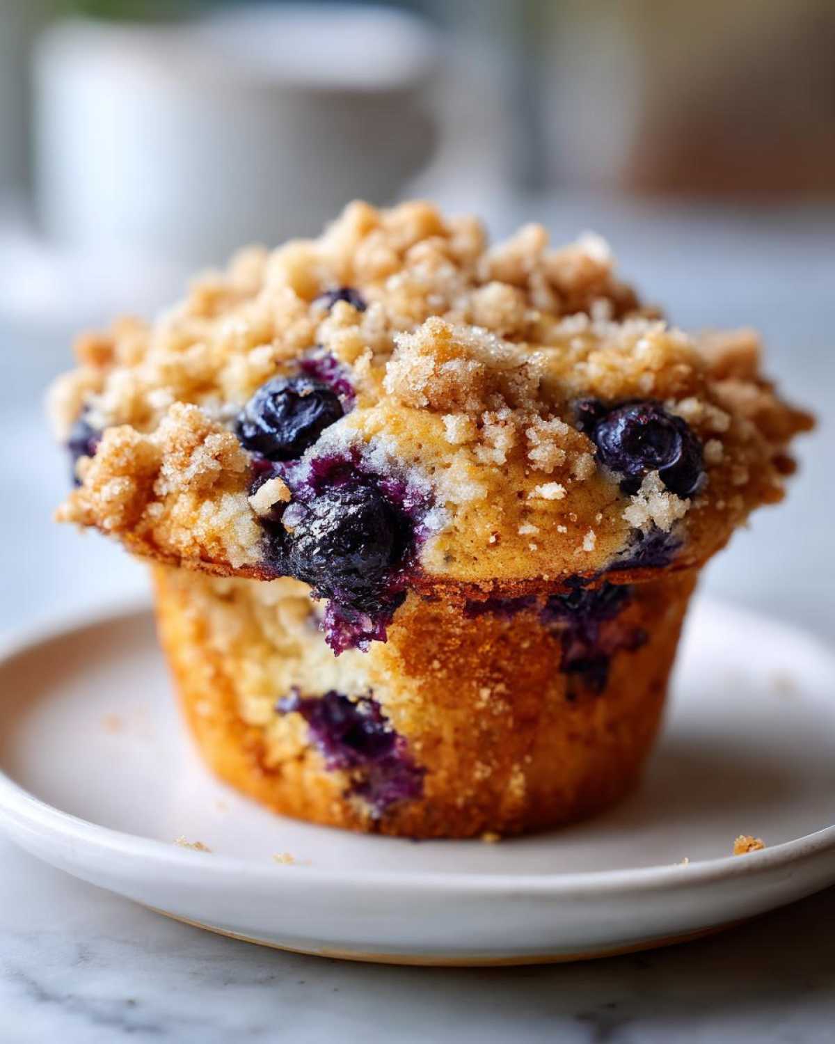 Close-up of a moist blueberry muffin topped with a generous brown sugar crumb topping.