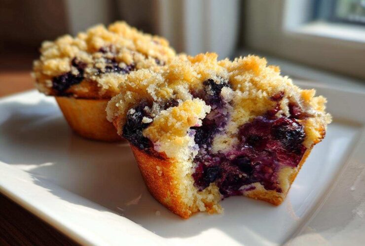 Close-up of a moist blueberry muffin cut in half showing juicy berries and a sweet crumb topping.