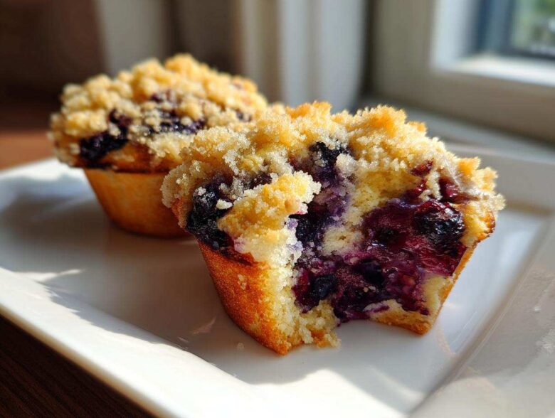Close-up of a moist blueberry muffin cut in half showing juicy berries and a sweet crumb topping.