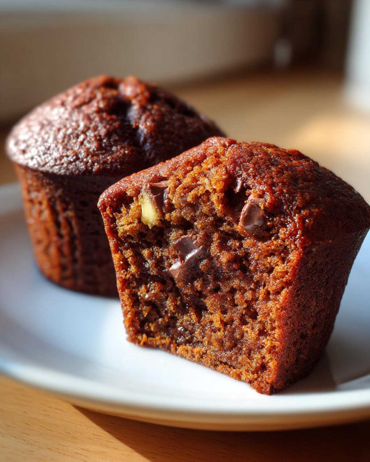 Close-up of a chocolate chip mini banana bread loaf cut in half showing moist texture and chunks of chocolate.