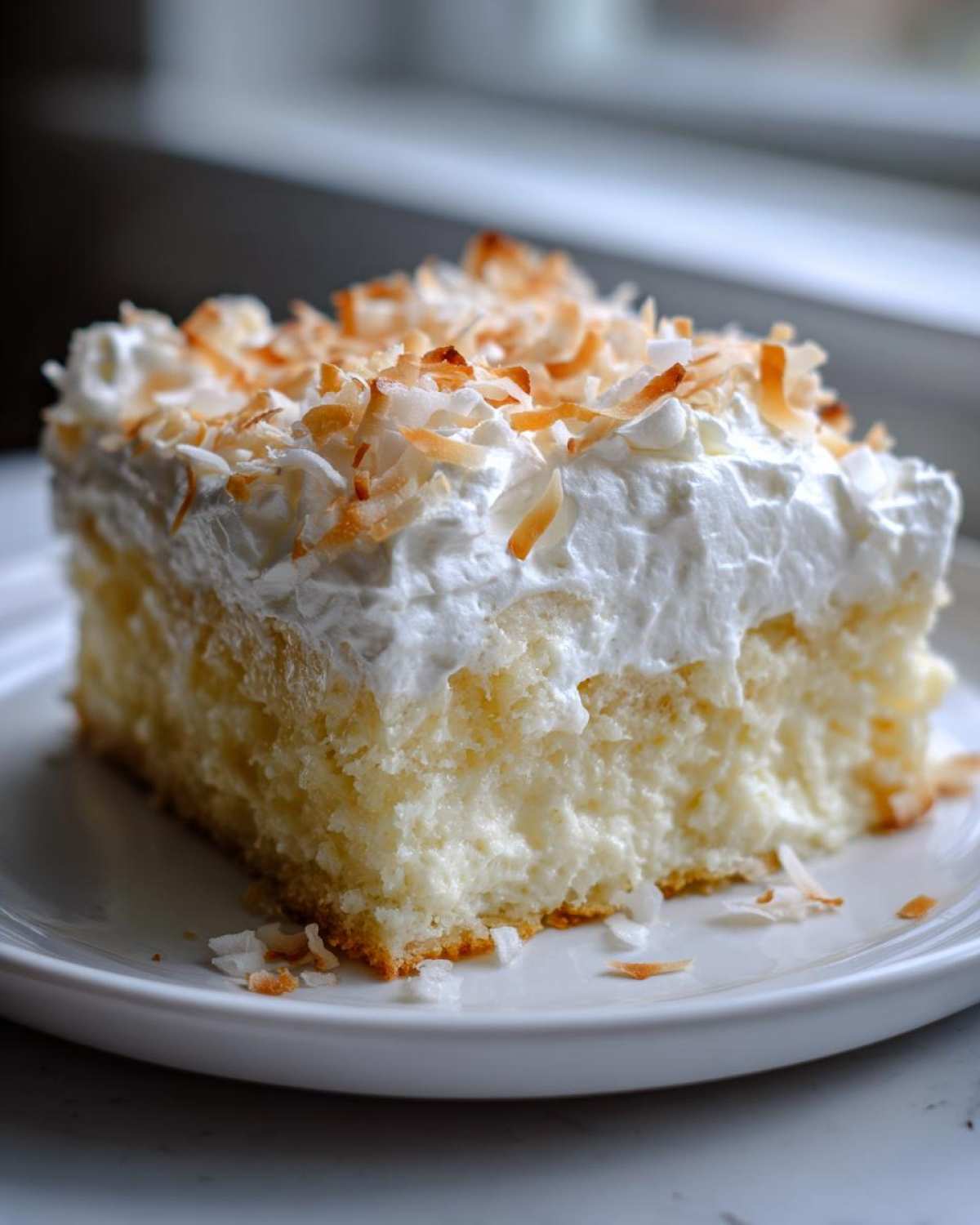 A close-up of a moist slice of coconut poke cake topped with whipped cream and toasted coconut flakes.