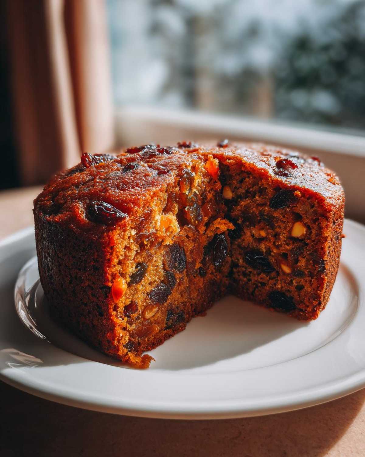 A rich, dark slice cut from a moist fruit cake recipe, showing dried fruits and nuts inside.