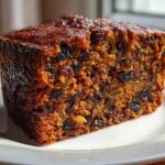 Close-up of a moist slice of fruit cake recipe, showing rich brown color and abundant dark raisins.