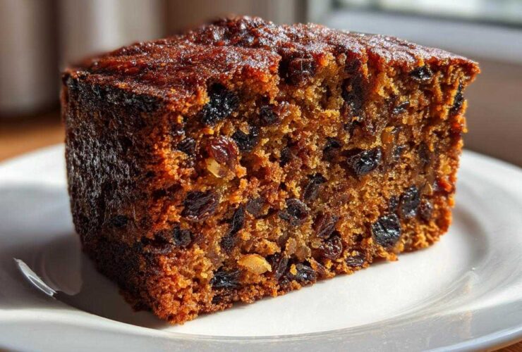 Close-up of a moist slice of fruit cake recipe, showing rich brown color and abundant dark raisins.