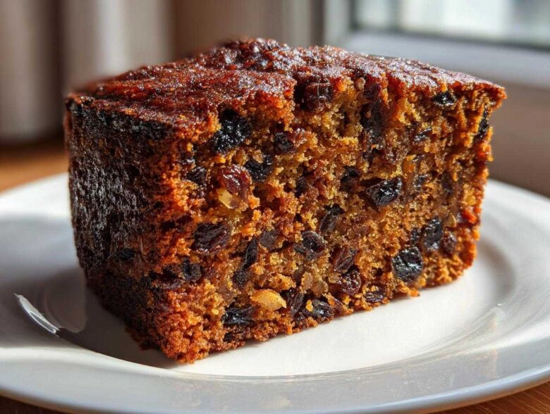 Close-up of a moist slice of fruit cake recipe, showing rich brown color and abundant dark raisins.