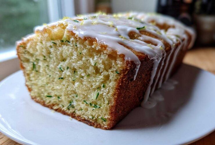 A loaf of moist lemon zucchini bread, sliced to show green zucchini shreds, topped with a thick white lemon glaze and zest.