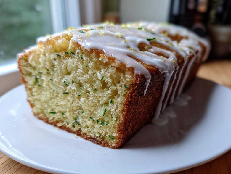 A loaf of moist lemon zucchini bread, sliced to show green zucchini shreds, topped with a thick white lemon glaze and zest.