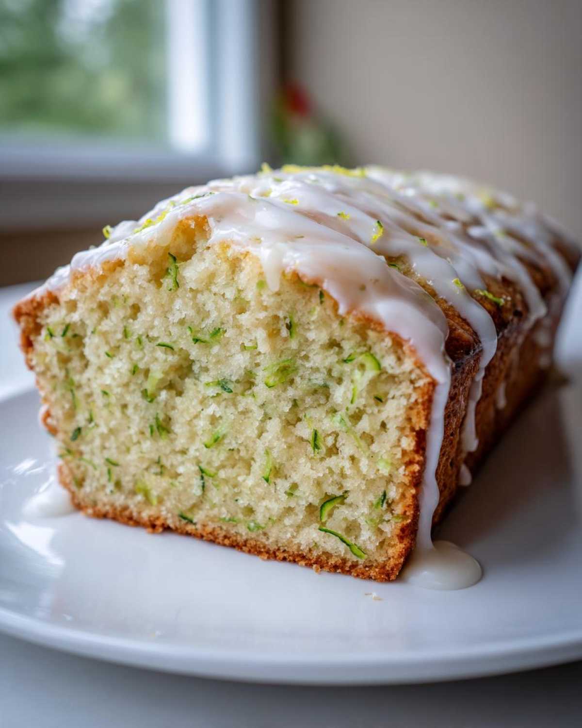 A thick slice of moist lemon zucchini bread topped with white glaze and lemon zest.