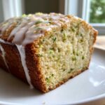 Close-up of a moist slice of lemon zucchini bread topped with white glaze and lemon zest.