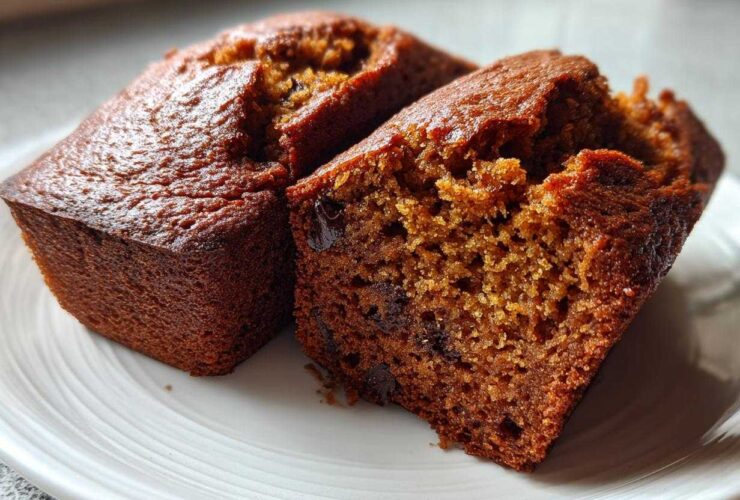 Close-up of two rich, dark brown mini banana bread loaves, one broken open to show the moist crumb and chocolate chips.