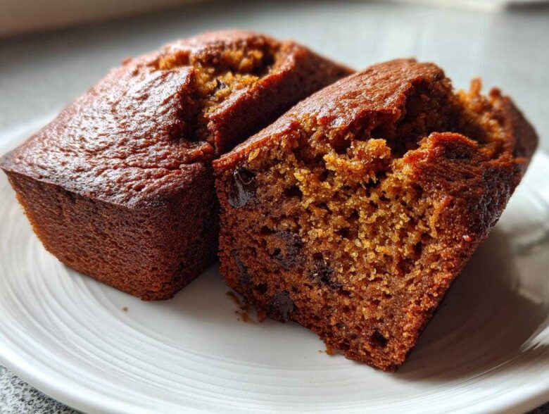 Close-up of two rich, dark brown mini banana bread loaves, one broken open to show the moist crumb and chocolate chips.