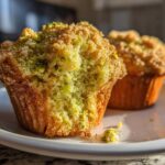 Close-up of a moist pistachio muffin cut in half showing the green crumb texture and streusel topping.