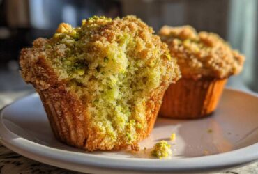 Close-up of a moist pistachio muffin cut in half showing the green crumb texture and streusel topping.