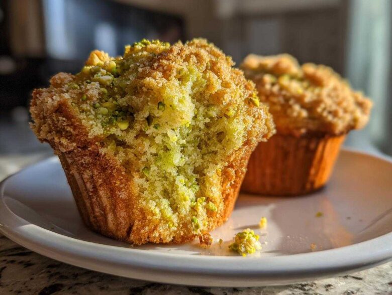Close-up of a moist pistachio muffin cut in half showing the green crumb texture and streusel topping.