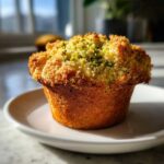 A close-up of a moist pistachio muffin with a golden crumb topping sprinkled with chopped pistachios.