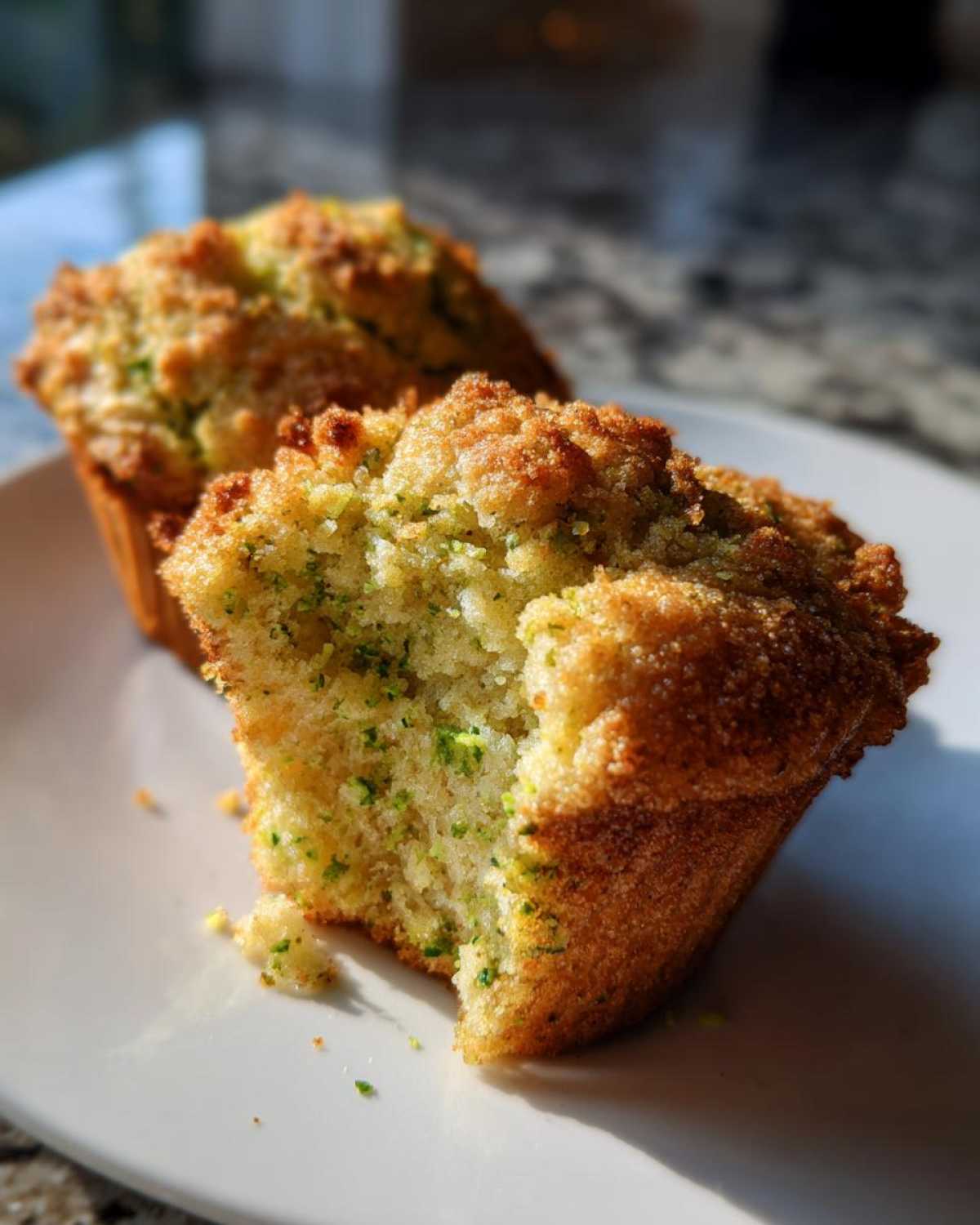 Close-up of a moist pistachio muffin broken open, showing green pistachio flecks inside and a sugary crumb topping.