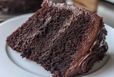 Close-up of a rich, dark slice of chocolate cake recipe with thick, fudgy frosting on a white plate.