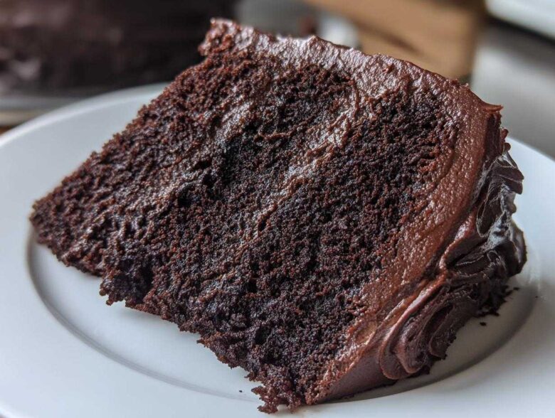 Close-up of a rich, dark slice of chocolate cake recipe with thick, fudgy frosting on a white plate.