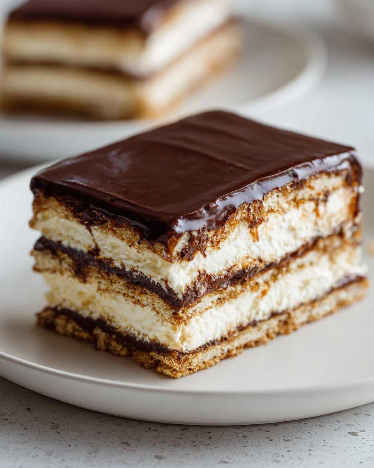 Close-up of a layered slice of chocolate eclair cake featuring graham crackers, creamy filling, and chocolate glaze.