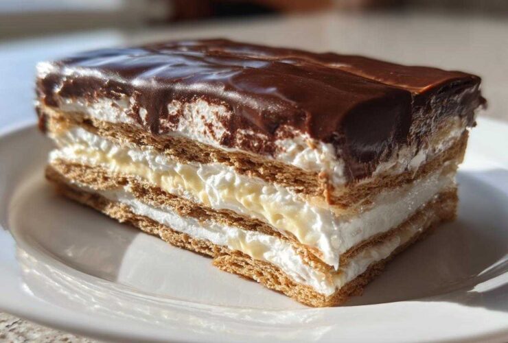 A close-up of a layered slice of chocolate eclair cake showing graham crackers, cream, and chocolate frosting.