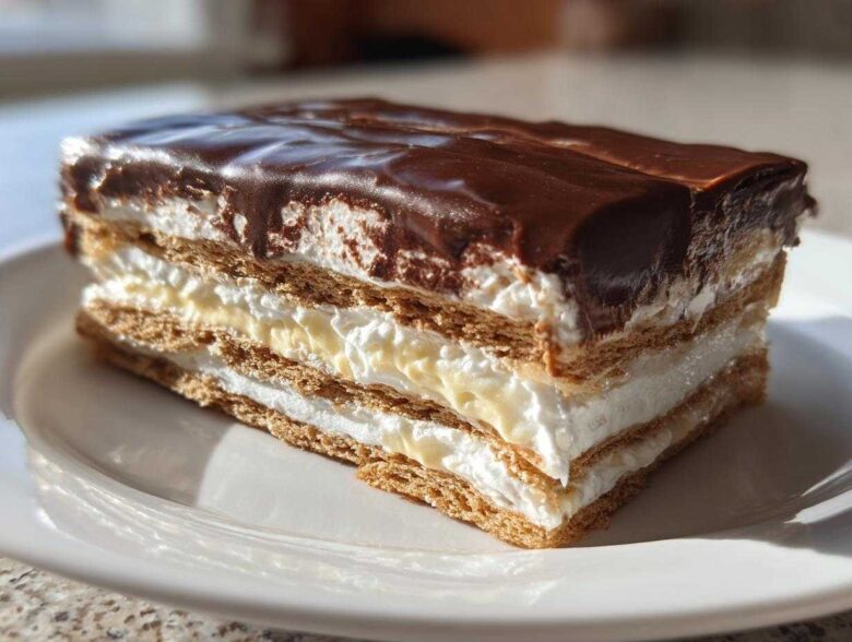 A close-up of a layered slice of chocolate eclair cake showing graham crackers, cream, and chocolate frosting.