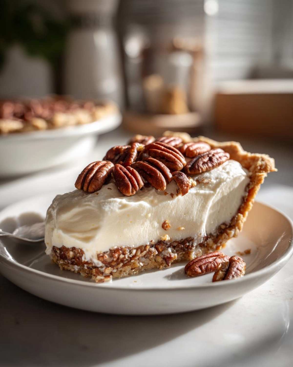 A close-up of a slice of no-bake pecan cream pie featuring a thick creamy filling and whole pecans on top.