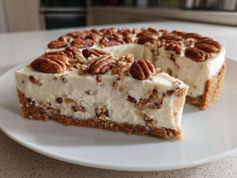 A slice of creamy, no-bake pecan cream pie sits on a white plate, topped with whole pecans.
