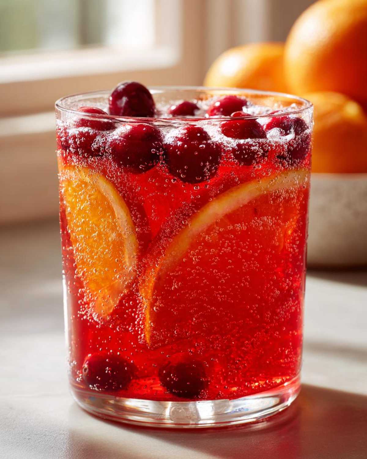 Close-up of a glass filled with sparkling red non-alcoholic christmas punch, garnished with fresh cranberries and orange slices.