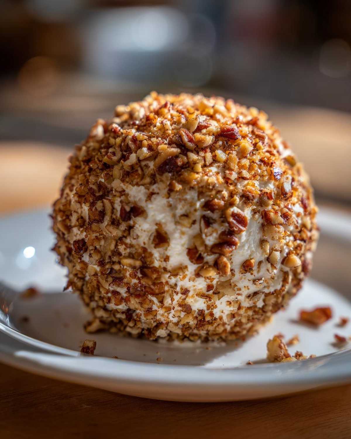 A close-up of a creamy cheese ball recipe coated entirely in finely chopped toasted pecans.