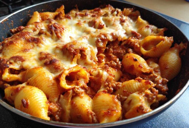 Close-up of one pot enchilada pasta made with shell pasta, meat sauce, and bubbly melted cheese.