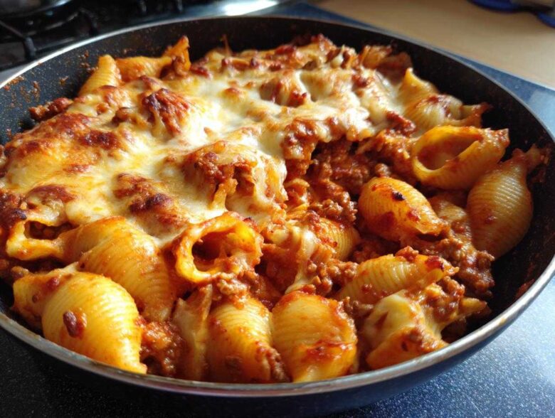 Close-up of one pot enchilada pasta made with shell pasta, meat sauce, and bubbly melted cheese.