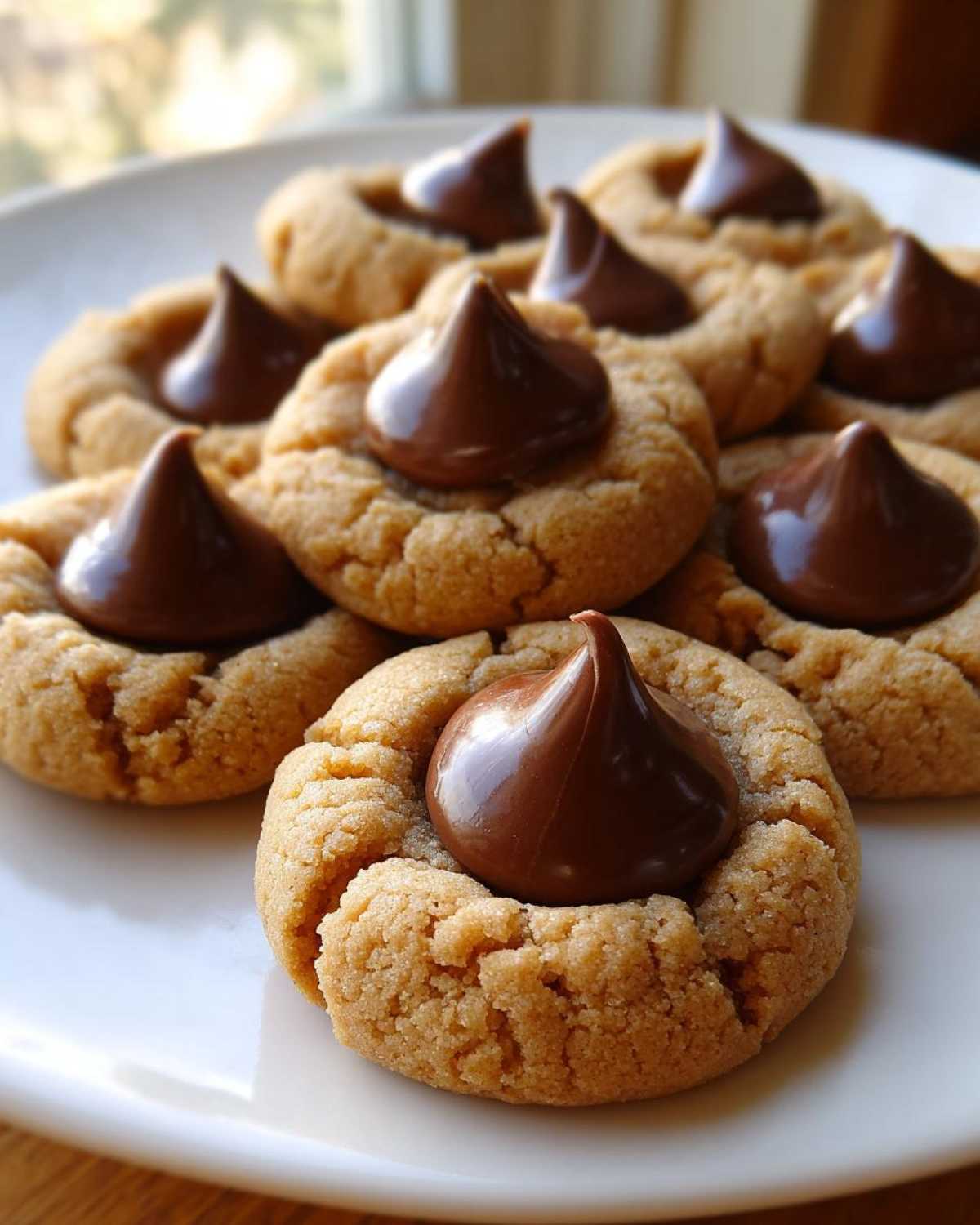 A close-up of several freshly baked peanut butter kiss cookies topped with melted chocolate kisses.
