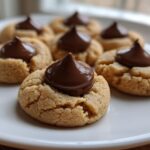 A close-up of several peanut butter kiss cookies with melted chocolate centers arranged on a white plate.