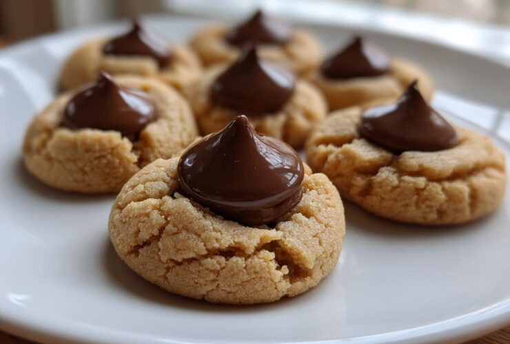 A close-up of several peanut butter kiss cookies with melted chocolate centers arranged on a white plate.