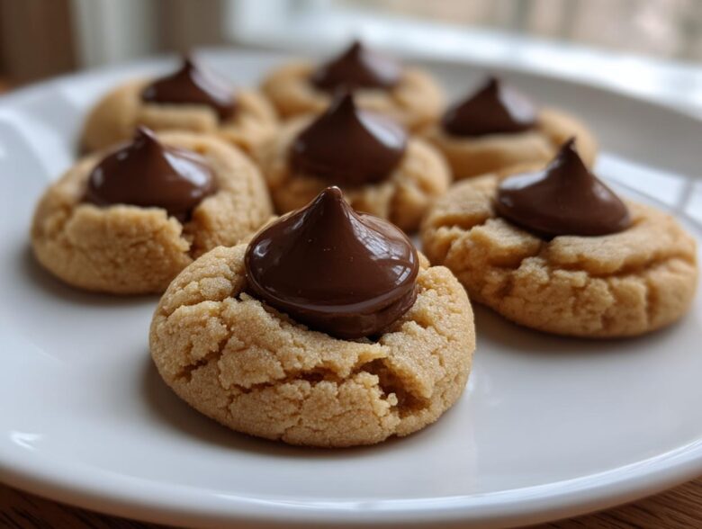 A close-up of several peanut butter kiss cookies with melted chocolate centers arranged on a white plate.