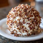 A delicious, round cheese ball recipe coated entirely in chopped pecans, resting on a white plate.