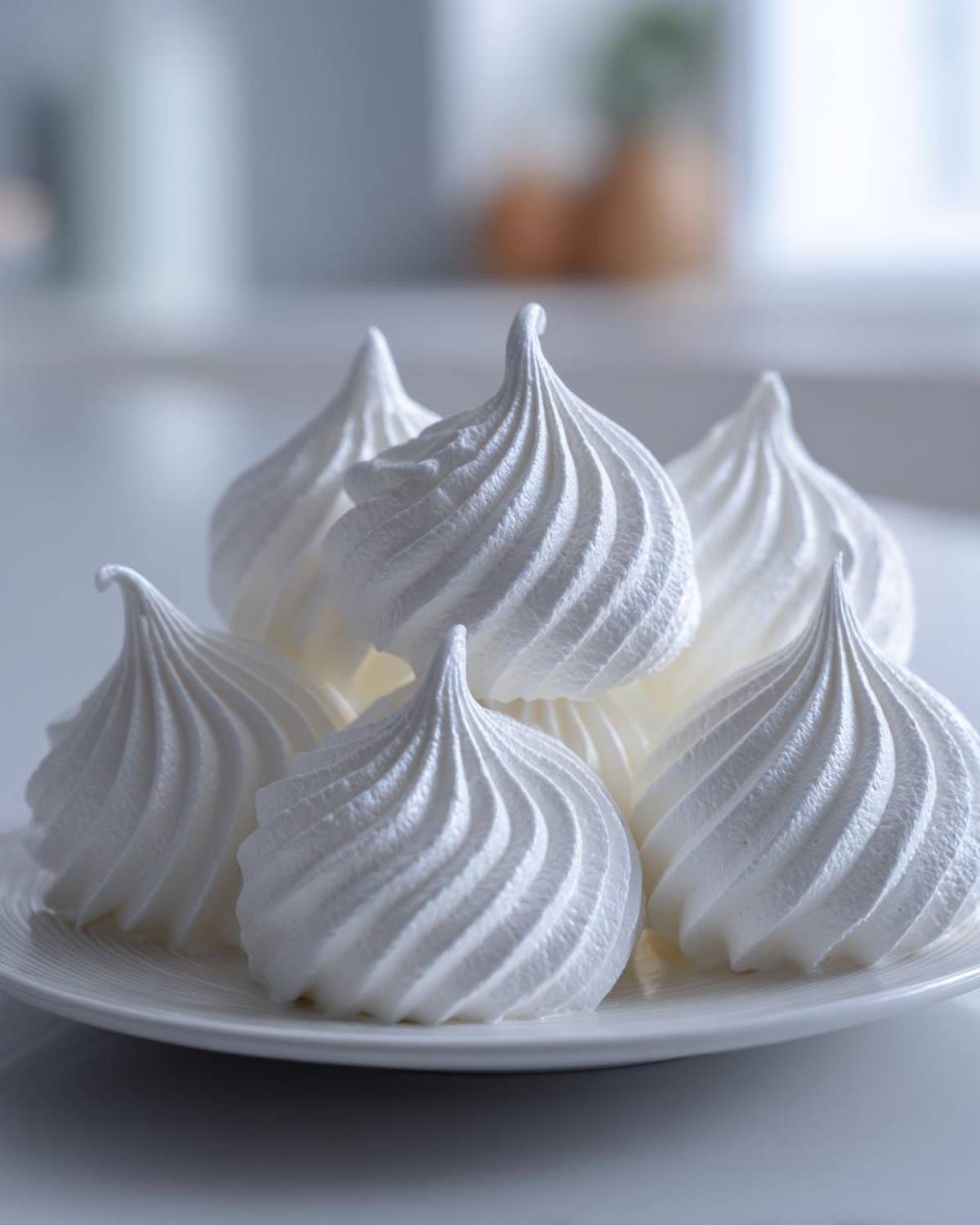 A close-up of several perfectly piped, crisp white meringue cookies piled on a white plate.