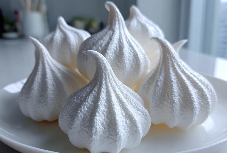Close-up of several perfectly piped, crisp white meringue cookies arranged on a white plate.
