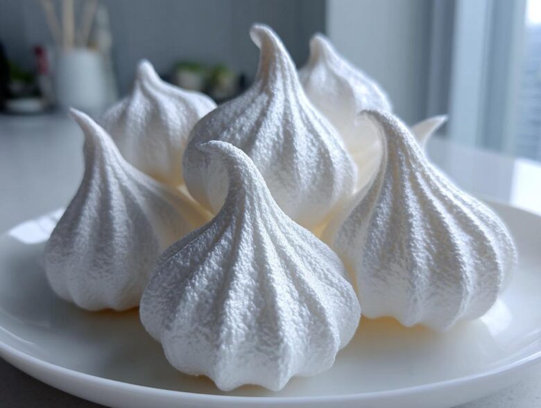 Close-up of several perfectly piped, crisp white meringue cookies arranged on a white plate.