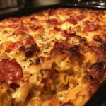 Close-up of a bubbling, baked pizza pasta casserole with melted cheese and pepperoni slices.