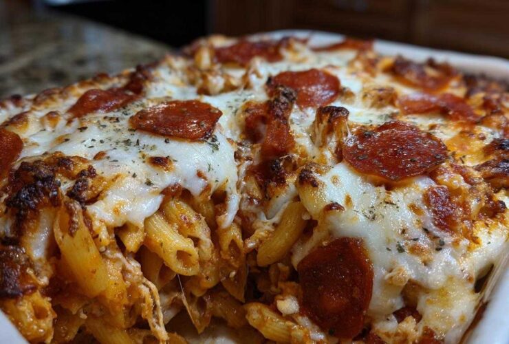 A close-up, mouth-watering shot of a baked pizza pasta casserole topped with melted mozzarella cheese, pepperoni slices, and herbs.