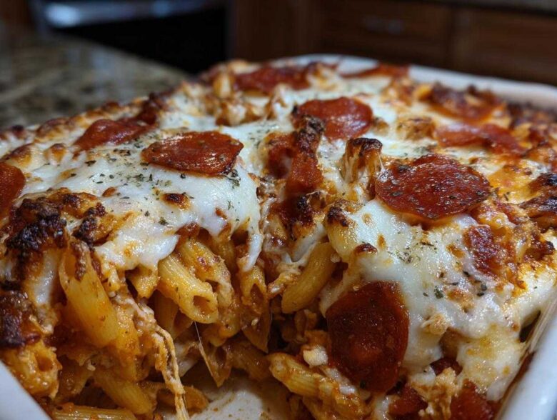 A close-up, mouth-watering shot of a baked pizza pasta casserole topped with melted mozzarella cheese, pepperoni slices, and herbs.